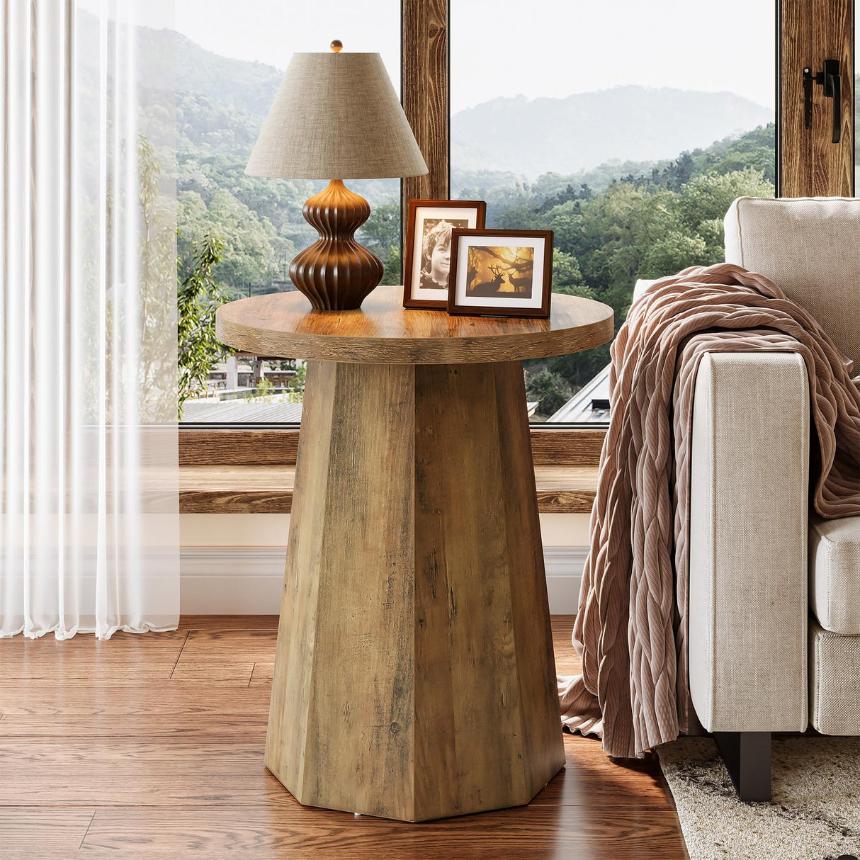 Tribesigns Farmhouse Round End Table, Wooden Couch Side Table with Octagonal Base, Rustic Brown Nightstand Pedestal Accent Furniture for Living Room, Bedroom (1) Tribesigns