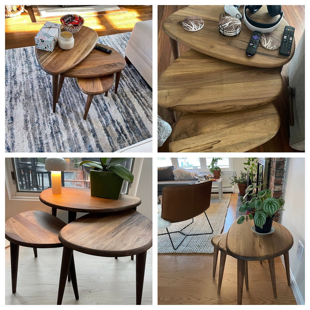 Ultimate Premium Products Solid Nesting Table Set of 3- Walnut Mid Century Pebble Tables with Tapered Legs – Wooden Home Furniture in a Retro Style - Walnut Ultimate Premium Products