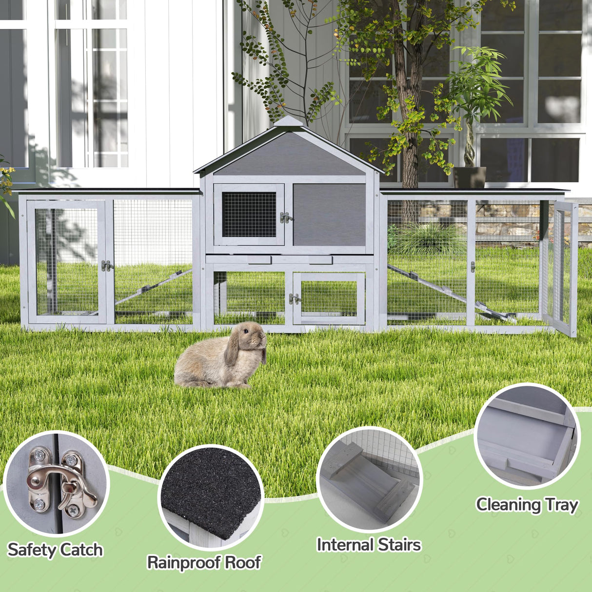 82.5” Large Wooden Rabbit Hutch Outdoor Easy to Assemble Rabbit Cage and Durable Bunny Hutch Indoor with Cleaning Tray & Waterproof Roof for Small and Medium Bunny Rabbit Chick (Grey) Nyeekoy