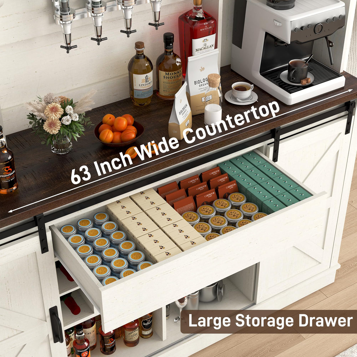 Farmhouse Coffee Bar Cabinet with LED Light, Charging Station & Sliding Barn Doors - 63"W x 71"H Large Wine Rack, Built-in Liquor Dispenser, Glass/Mug Holders for Kitchen, Living Room, Hallway chartustriable