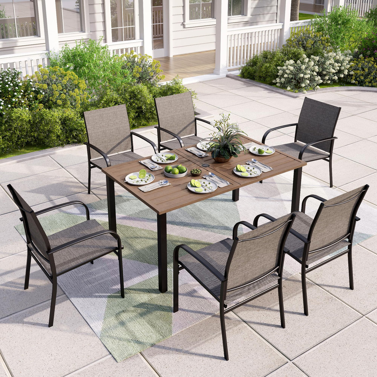 MIXPATIO 7-Piece Outdoor Dining Set 6 Brown Textilene Chairs and Teak Color Tabletop Outdoor Dining Table with 1.57"~2" Umbrella Hole for Deck Garden Backyard MIXPATIO
