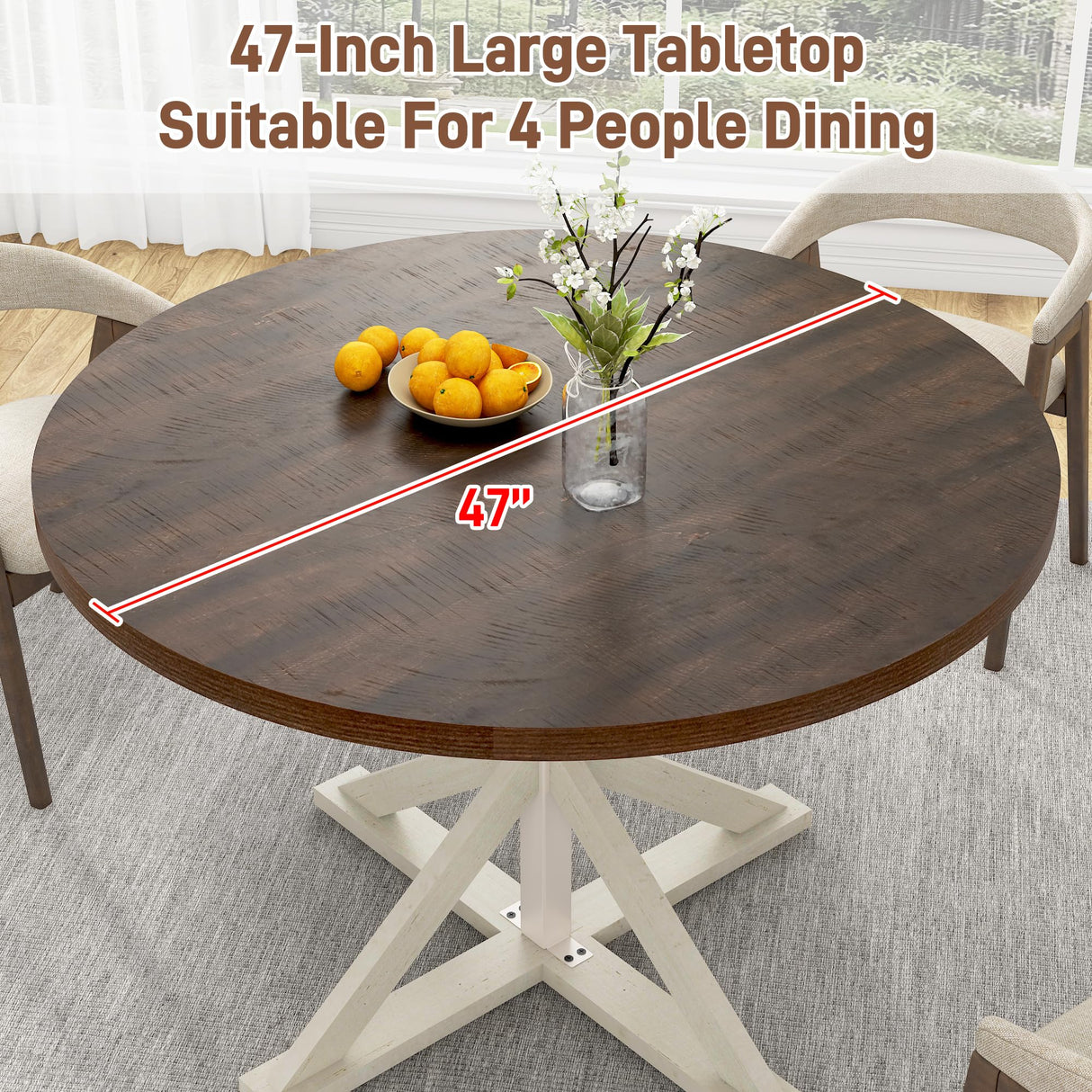 Round Wood Dining Table for Kitchen,Dining Room,Living Room,Farmhouse Dinner Tables W/Thickened Brown Waterproof Tabletop for 4 People,47 inch Rustic Kitchen Table W/Metal Support jiteentarou