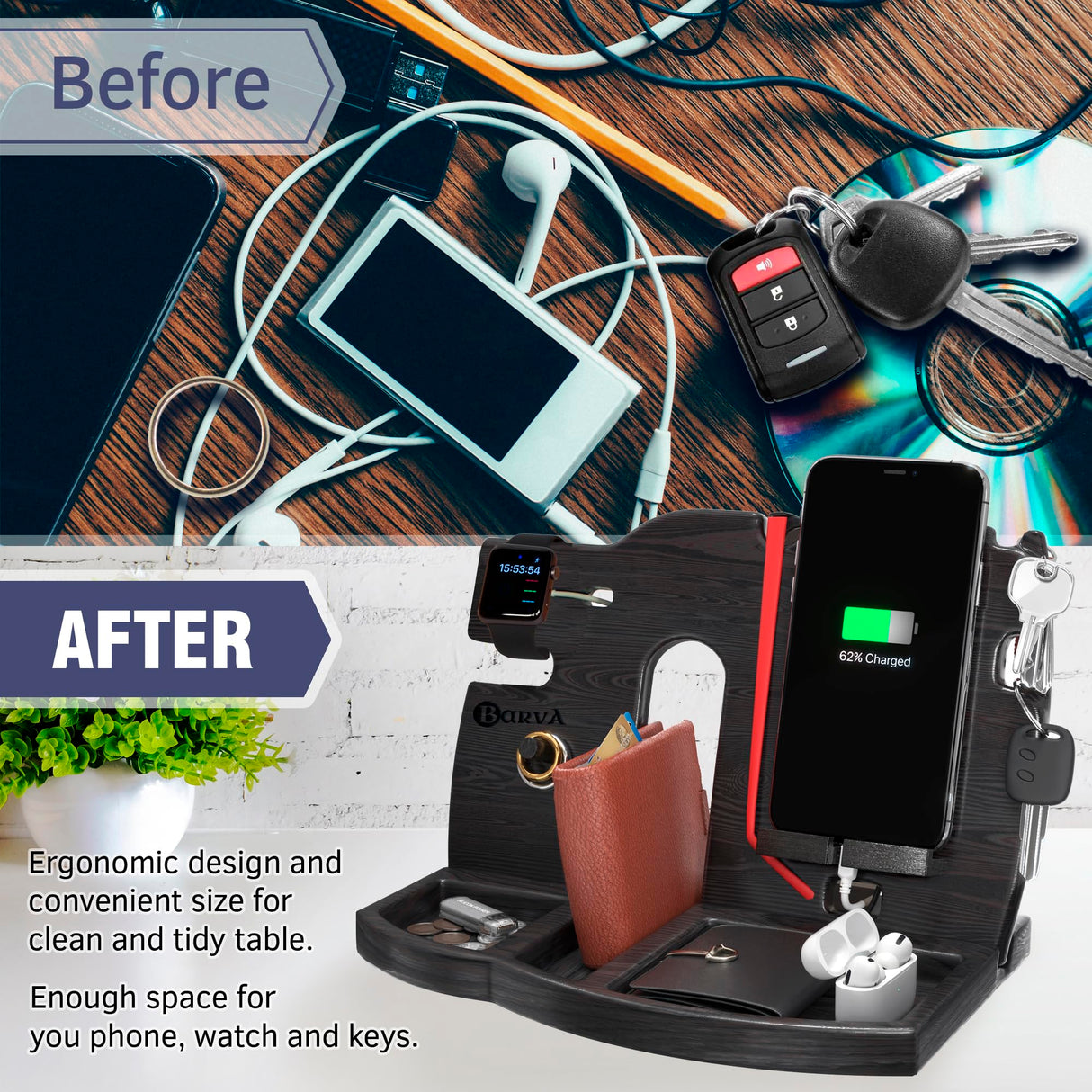 BARVA Wood Docking Station | Phone Stand & Desk Organizer | Night Stand Charging Station & Smart Watch Phone Holder | Nightstand Organizer for Men's Accessories | Ideal Gifts for Men BarvA