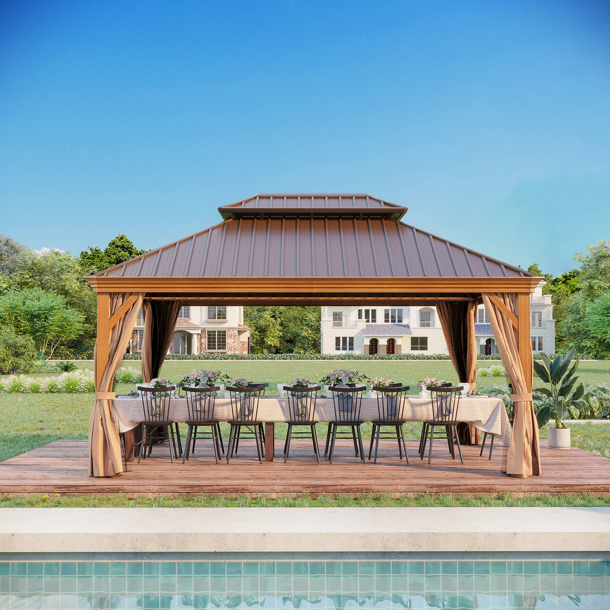 GAZEBEST 12' X 16' Permanent Hardtop Gazebo, Outdoor Galvanized Steel Double Roof Pavilion Pergola Canopy Wood-Looking with Aluminum Frame and Privacy Curtains for Garden,Patio Backyard,Deck and Lawns GAZEBEST