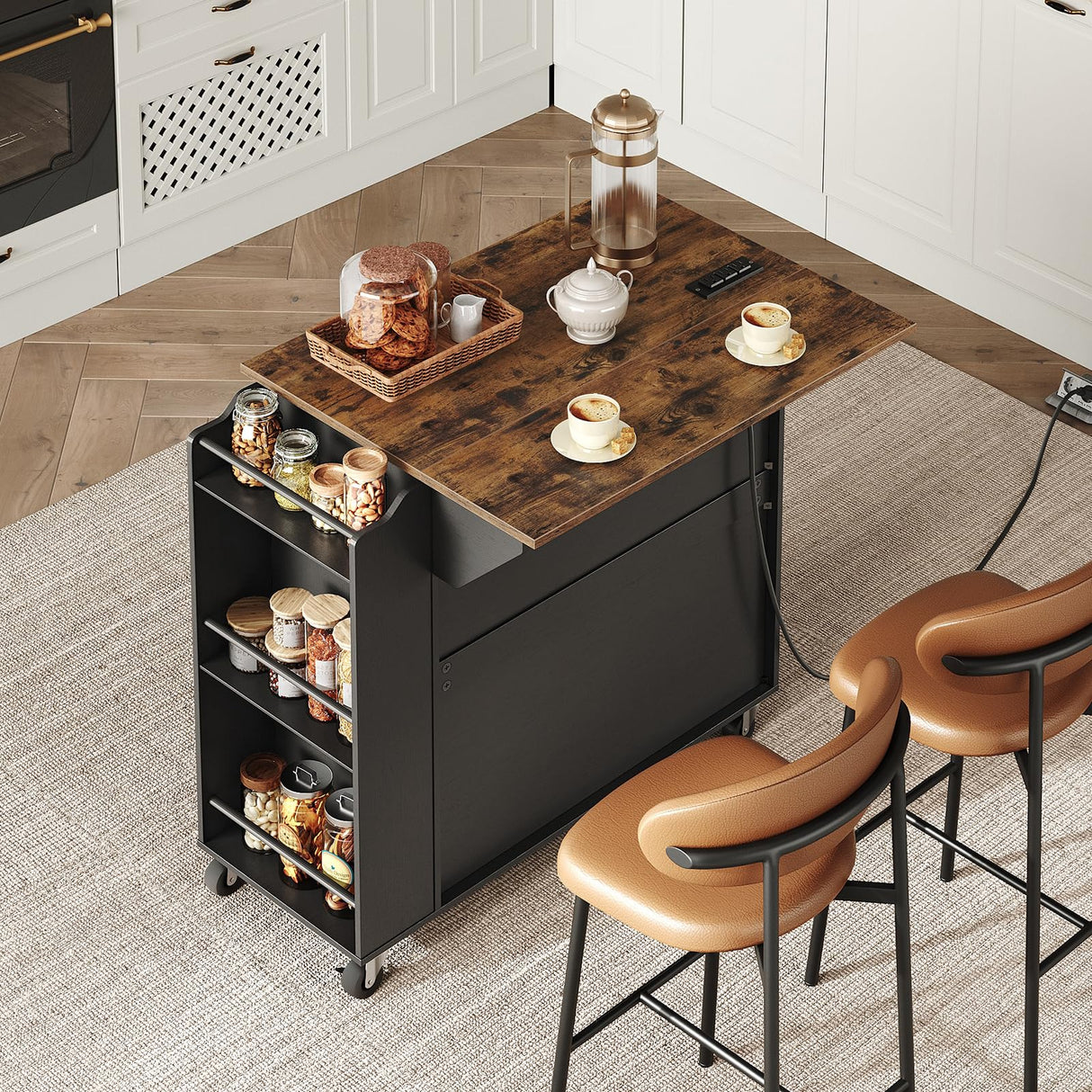 RALGEND Kitchen Island with Power Outlets & Drop Leaf, Rolling Kitchen Cart on Wheels, Kitchen Storage Island with Spice Rack and Drawer for Kitchen, Dinning Room, Black and Rustic Brown RALGEND