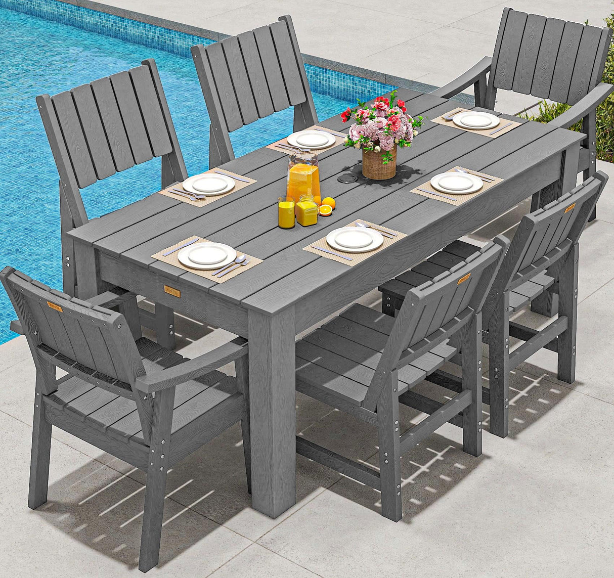 ZHUSI Patio Table and Chairs Set,HDPE Outdoor Dining Set with Umbrella Hole for Backyard, Poolside, Porch,All Weather,Grey ZHUSI