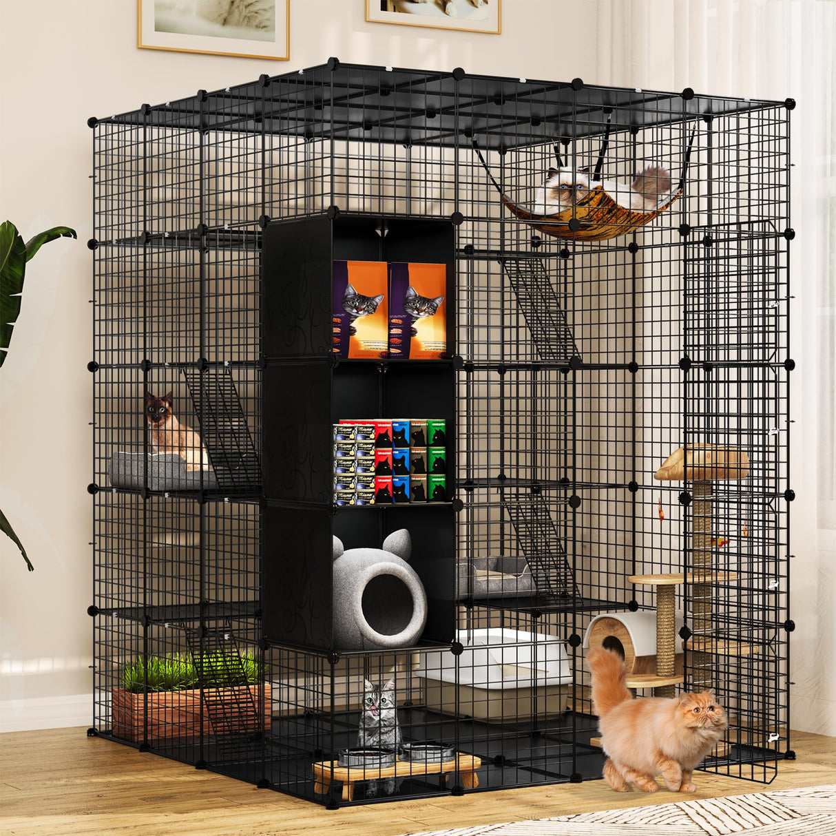 YITAHOME Cat Cage Indoor Large with Storage Cube DIY Outdoor Catio Cat Enclosures Metal Cat Playpen with Hammock Platforms for 1-4 Cats 5 Tiers Cat Kennel YITAHOME