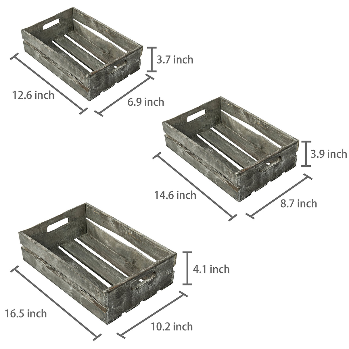 MyGift Rustic Weathered Gray Wood Nesting Storage Crates with Cutout Handles, Decorative Coastal Wooden Pallet Stackable Open Top Bin Boxes, 3 Piece Set MyGift