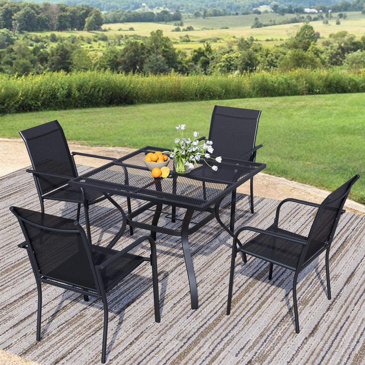 Seekverse 5-Piece Outdoor Dining Set, Square Metal Table with 4 Black Chairs, Black Patio Table with Umbrella Hole for Garden, Yard, Patio Seekverse
