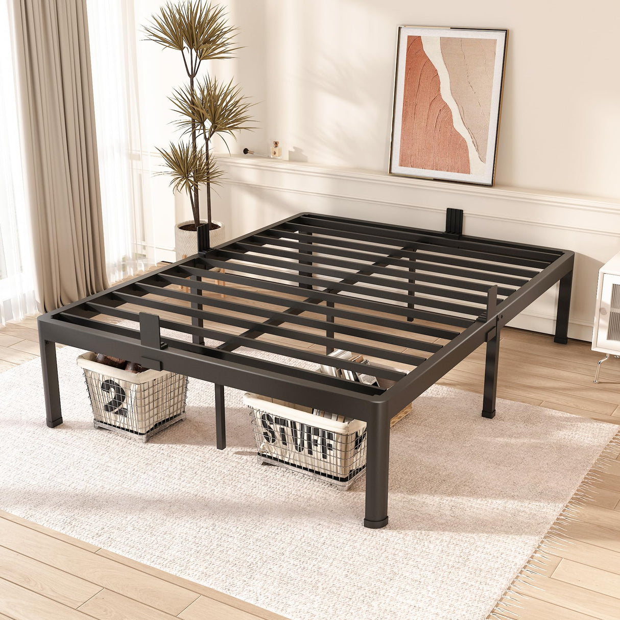 FUIOBYVV Queen Bed Frame with Round Corner Edge Legs 18 inch High 3500 lbs Heavy Duty Metal Platform Bed Frame Queen Size No Box Spring Needed/Non-Slip/Steel Slat Support/Noise Free FUIOBYVV