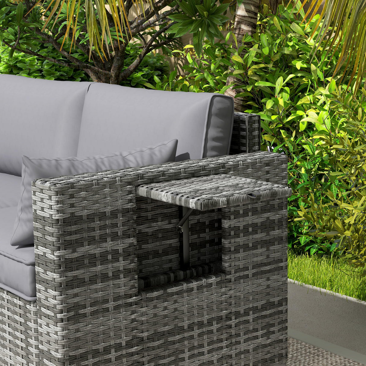 Outsunny 3 Seater Wicker Sofa with Side Tray Tables, Rattan Outdoor Patio Sofa with 6" Thick Back Cushions, Outdoor Wicker Couch with Deep Seating, Pillows for Porch, Garden, Backyard, Mixed Gray Outsunny