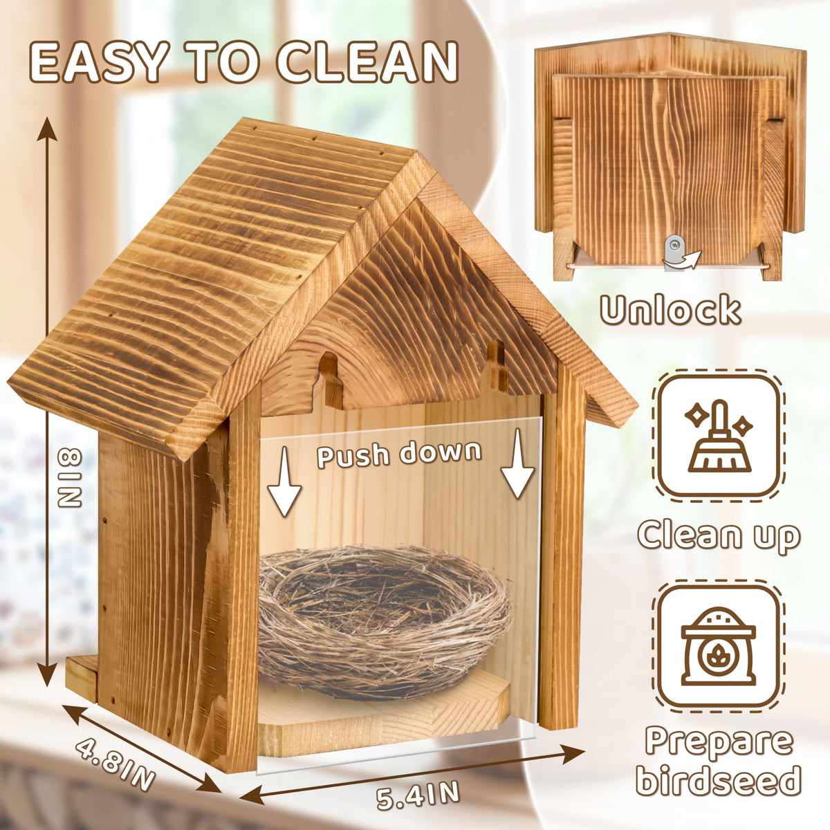 Window Bird Houses for Outside with 2 Powerful Hooks, Clear Window Bird House for Viewing Inside, Hanging Wooden Birdhouses to Paint for Outdoors, Bird Nesting Box for Bluebird Finch Chickadee ANSTEEP