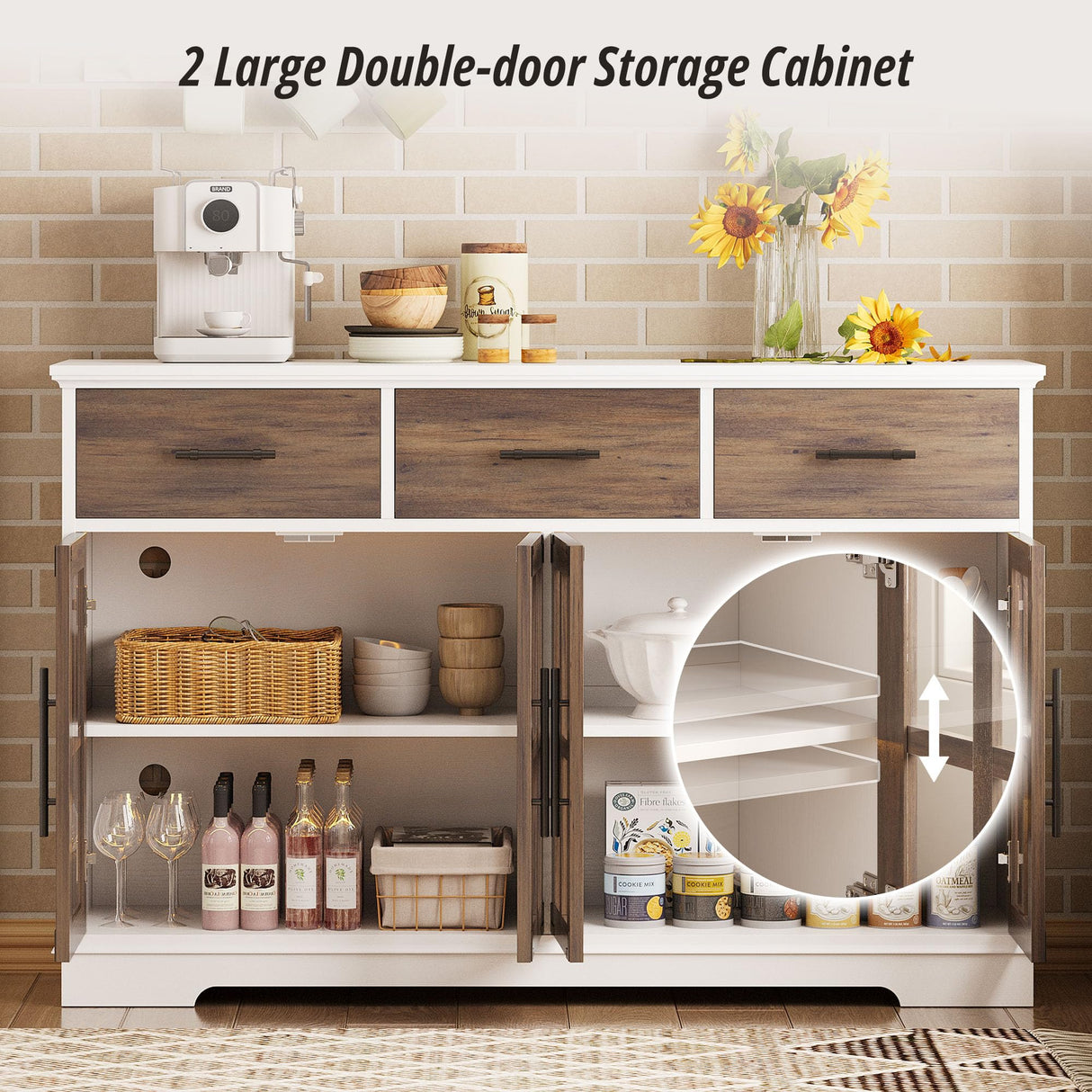 IRONCK Buffet Cabinet with Storage, 55" Large Sideboard Buffet Storage Cabinet with LED Lights, Farmhouse Coffee Bar Wood Liquor Cabinet for Kitchen, Dining Room, White and Oak IRONCK