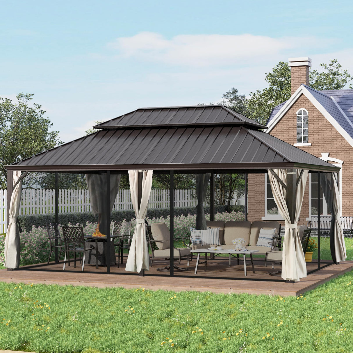 GREEN PARTY 14 X 20ft Hardtop Gazebo with Nettings and Curtains, Heavy Duty Double Roof Galvanized Steel, Outdoor Aluminum Gazebos Pergolas for Patios, Backyard, Deck, Garden, Lawns GREEN PARTY