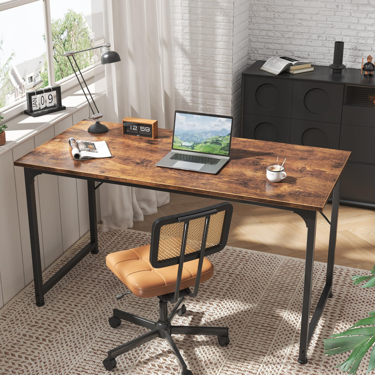 Huuger Computer Desk, 55 Inch Office Desk, Gaming Desk with Storage, Writing Desk Work Desk for Home Office, Study, Modern Simple Desk, Large Legroom, Metal Frame, Rustic Brown Huuger