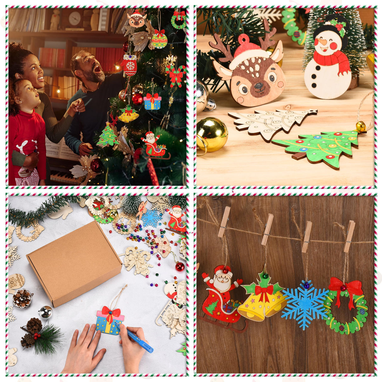 96 Pcs Wooden Christmas Ornaments Unfinished Wood Slices, Wooden Christmas Tree Hanging Ornaments for DIY Art Craft with 12 Styles, DIY Wooden Christmas Ornaments Hanging Decorations Kit BENIMUS