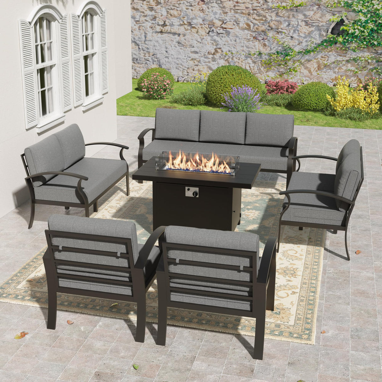 Kullavik Aluminum Patio Furniture Set,6 Pieces 9 Seat Metal Outdoor Furniture Conversation Set w/45 Propane Gas Fire Pit,Grey Kullavik