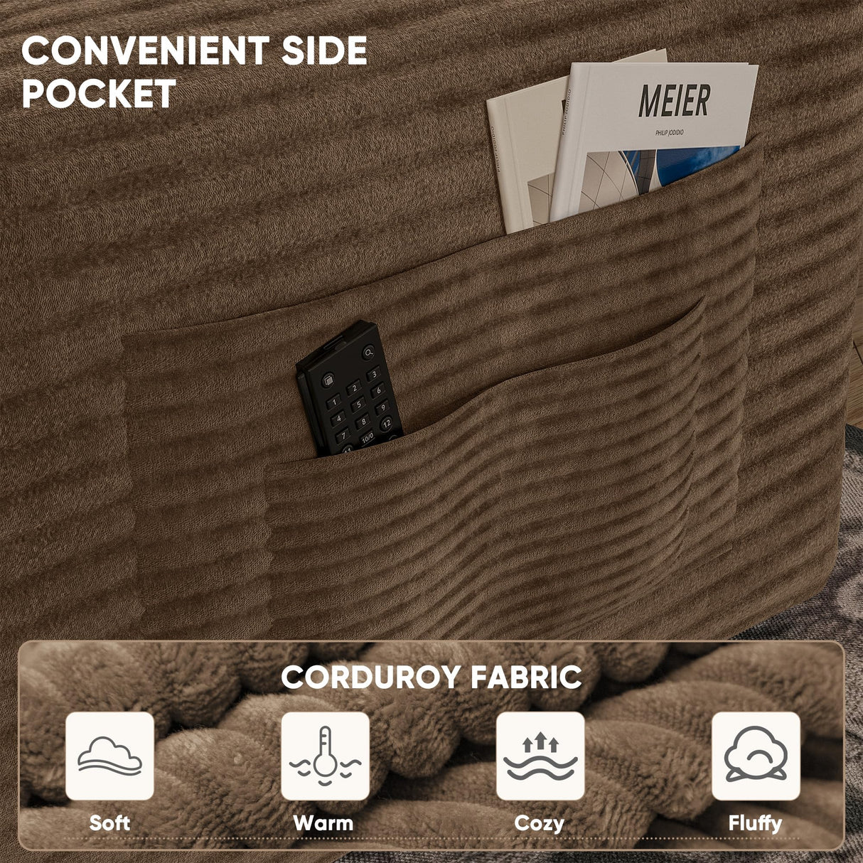 Homall 142" Boneless Couch, Modular Sectional Sofa, No Assembly Required, Memory Foam Filling, Corduroy U-Shaped Sofa, Movable Multi-Person Couch for Living Room (Brown) Homall