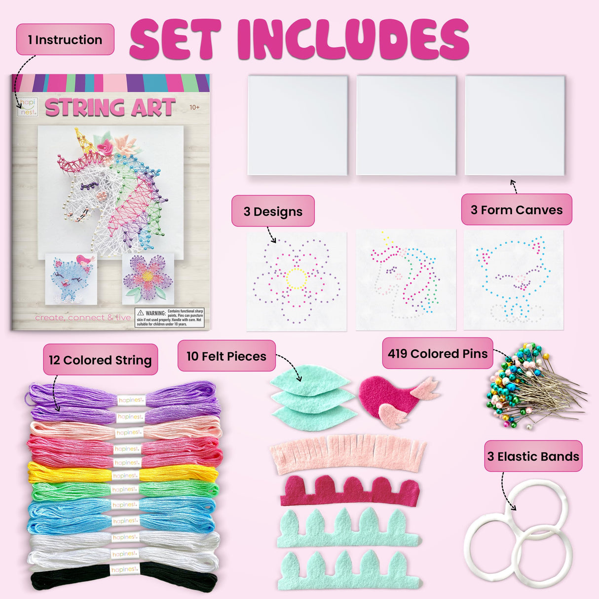 Hapinest String Art Craft Kit for Kids Ages 10-12 and Up, 3D String Art Kit Crafts for Teens, Birthday Gifts for Tween Girls Ages 10 11 12 Years Old and Up, Makes 3 Designs - Unicorn, Cat, and Flower Hapinest