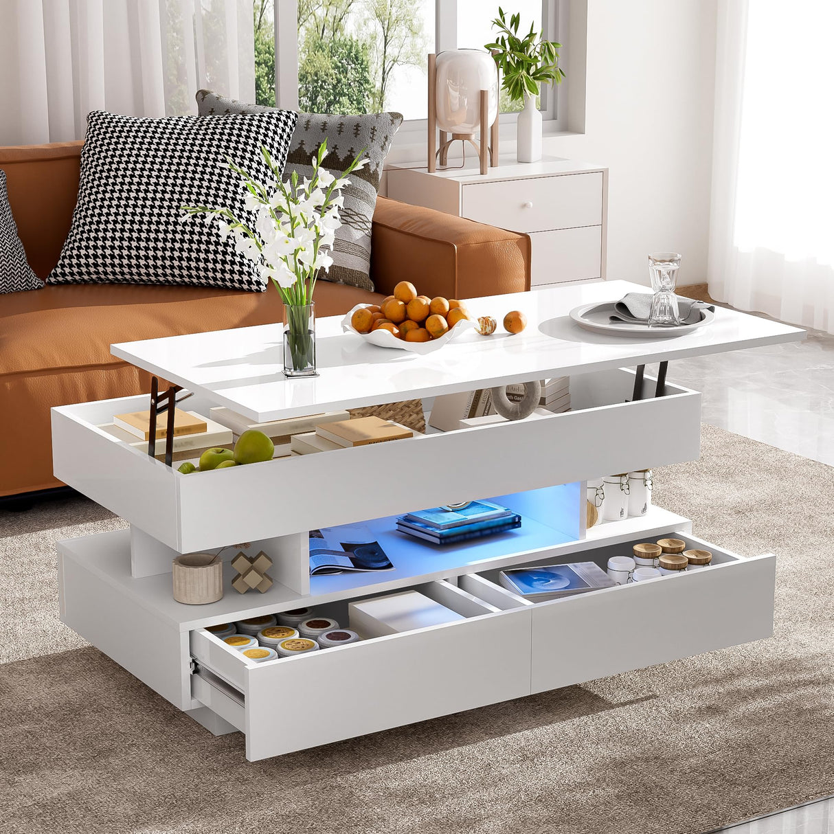 KUVADAZ 39.3" Lift Top Coffee Table with 2 Drawers and LED Lights, Modern Rectangular High-Gloss Center Table Cocktail Tea Table with Lift-Top and Hidden Space for Living Room Apartment White KUVADAZ