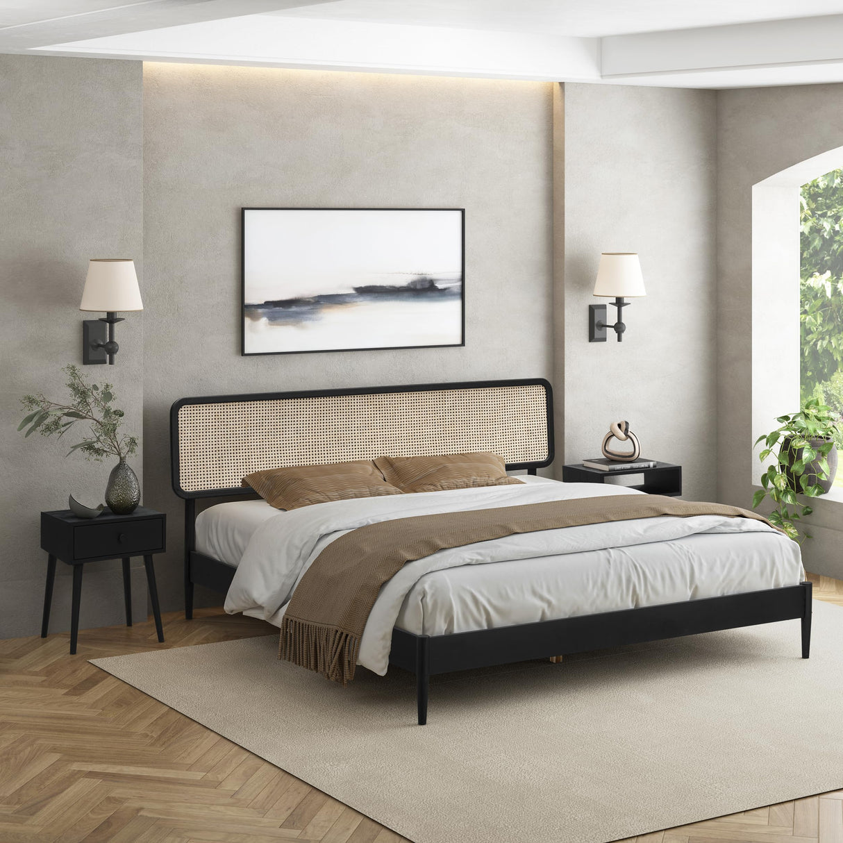 NTC Lupin Wooden Bed Frame with Headboard and Natural Rattan, Solid Oak Foundation with Silent Slats, 1000 Lb Capacity, Effortless Assembly, King - Burnt Black NTC