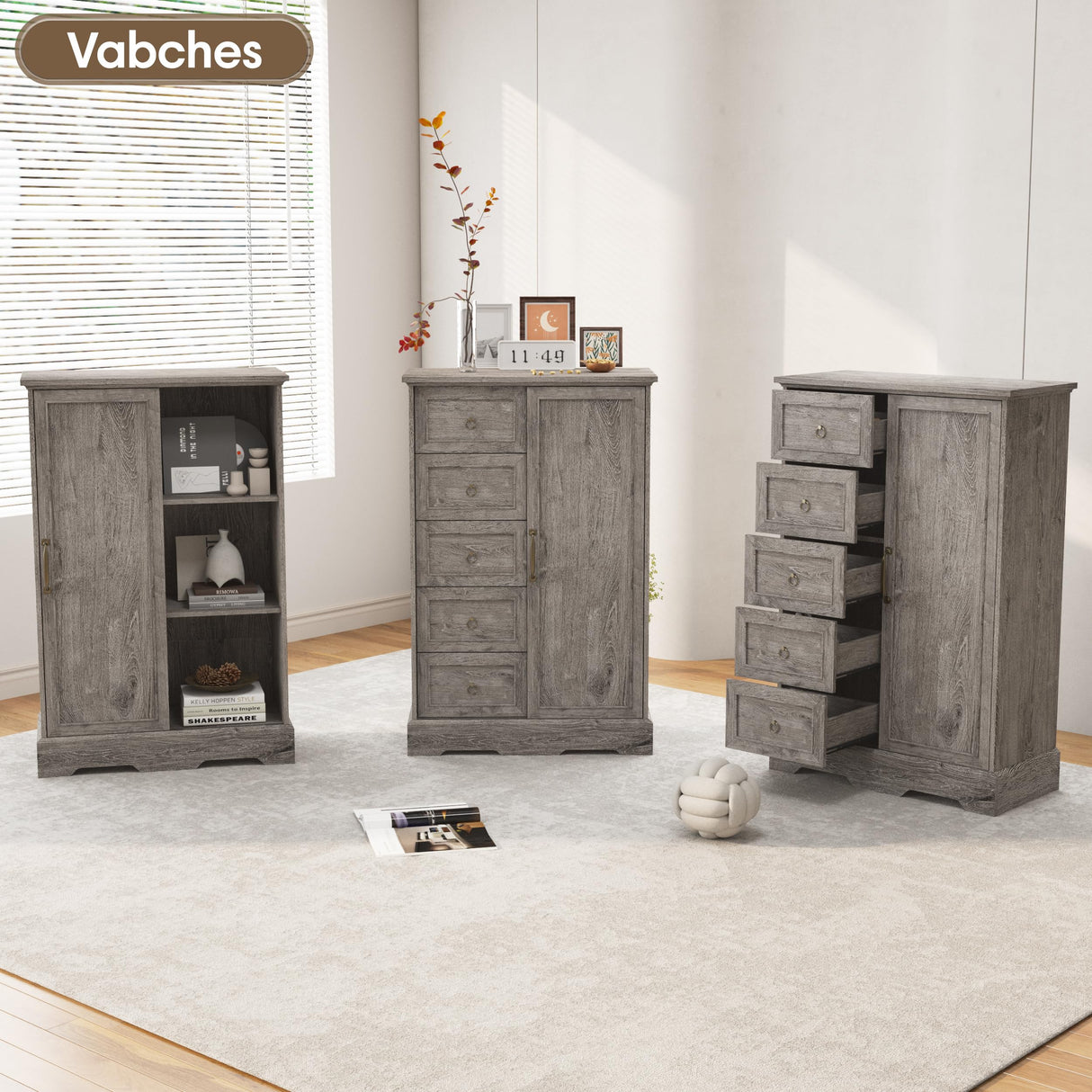 Vabches 5 Drawers Dresser for Bedroom with Sliding Barn Door, 48" Tall Farmhouse Modern Chest of Drawers, Wood Organizer Dresser for Bedroom, Hallway, Living Room, Rustic Washed Grey Vabches