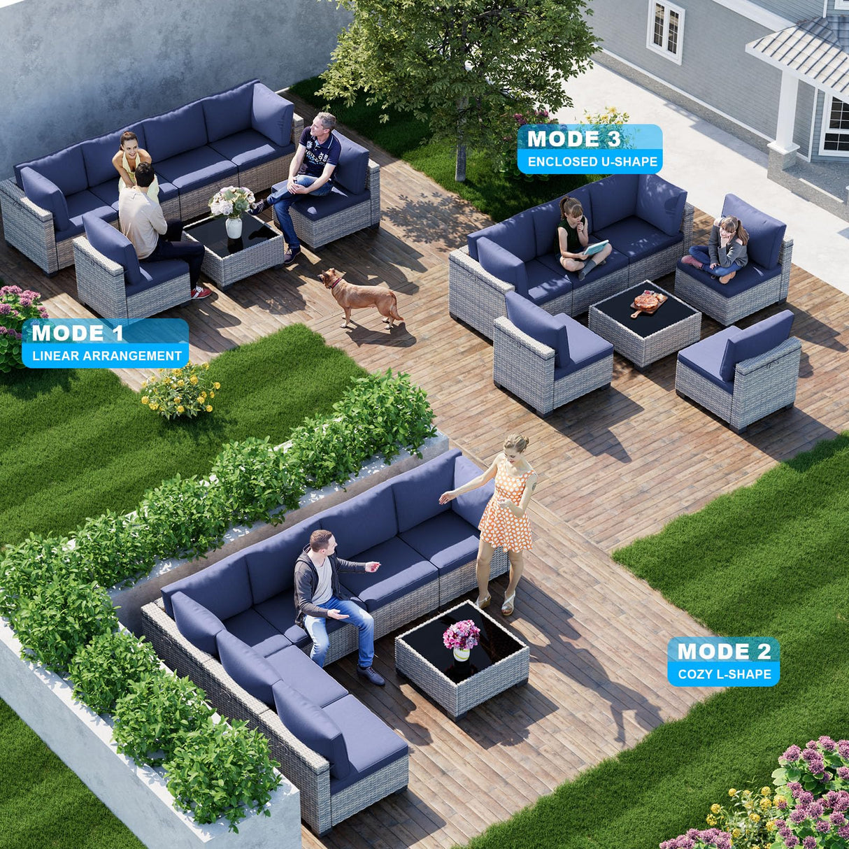 Sweecci 7-Piece Patio Furniture Set, Outdoor Sectional with Thick Cushions, Modular Patio Sofa, Dual-Strand Wicker Rattan, Rust-Resistant Frame, Backyard Furniture for Garden, Deck, Navy Blue Sweecci