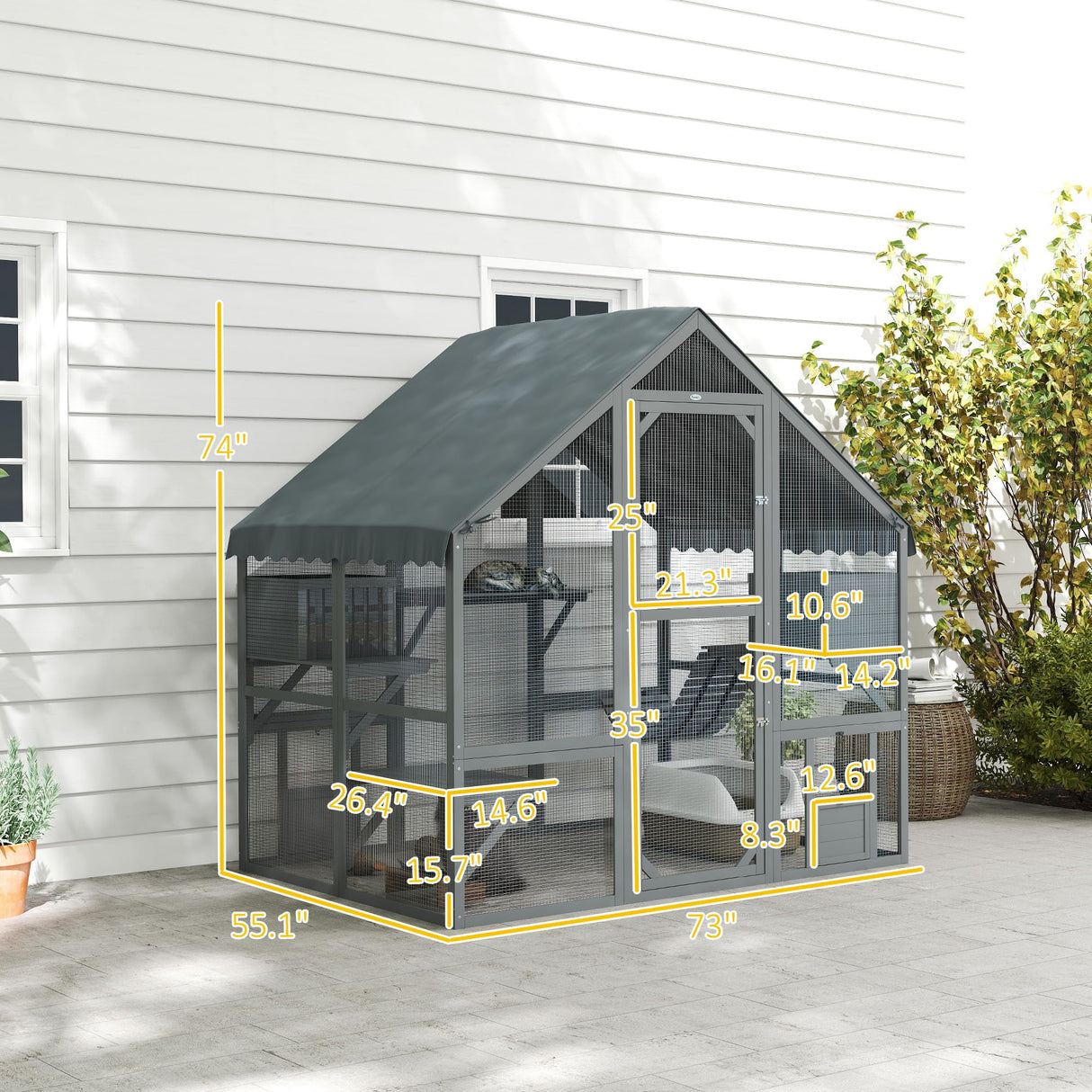 PawHut Large Catio Outdoor Cat Enclosure for Multiple Kittens, Wooden Cat House with Waterproof Cover, Walk in Kitty Cage Kennel with 2 Condos, 4 Platforms, Bridge, Doors, 73" x 55" x 74", Gray PawHut