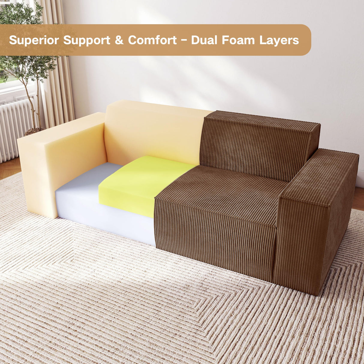 Swbvs Sofa-in-a-Box, Memory Foam 3-Seater Couch, No Installation & Easy to Transport, Deep Seat Modern Sofa with Corduroy Fabric, Couch for Living Room, Bedroom, Apartment, Home Office, Brown Swbvs