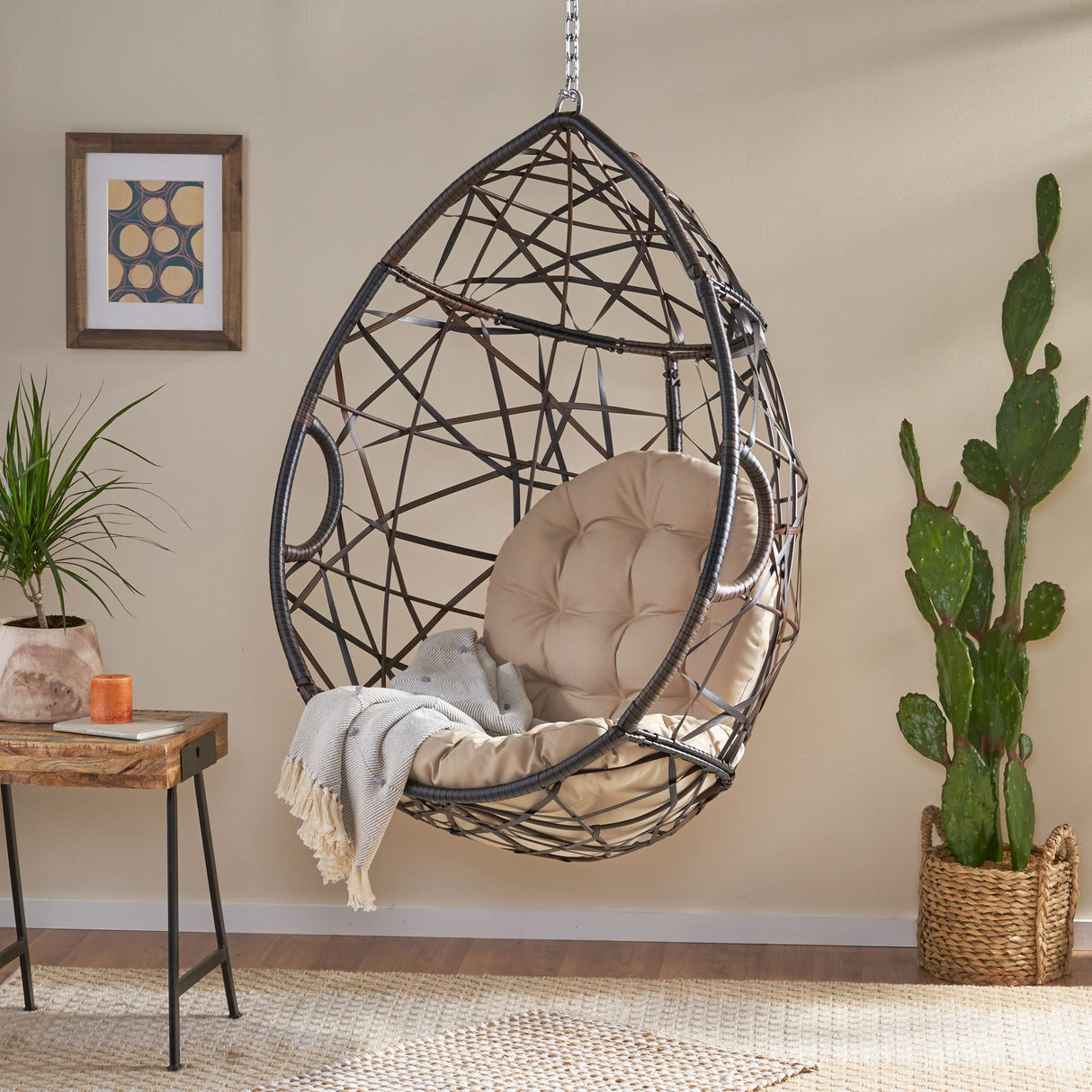 Christopher Knight Home Isaiah Indoor/Outdoor Wicker Tear Drop Hanging Chair (Stand Not Included), Multi-Brown and Tan Christopher Knight Home