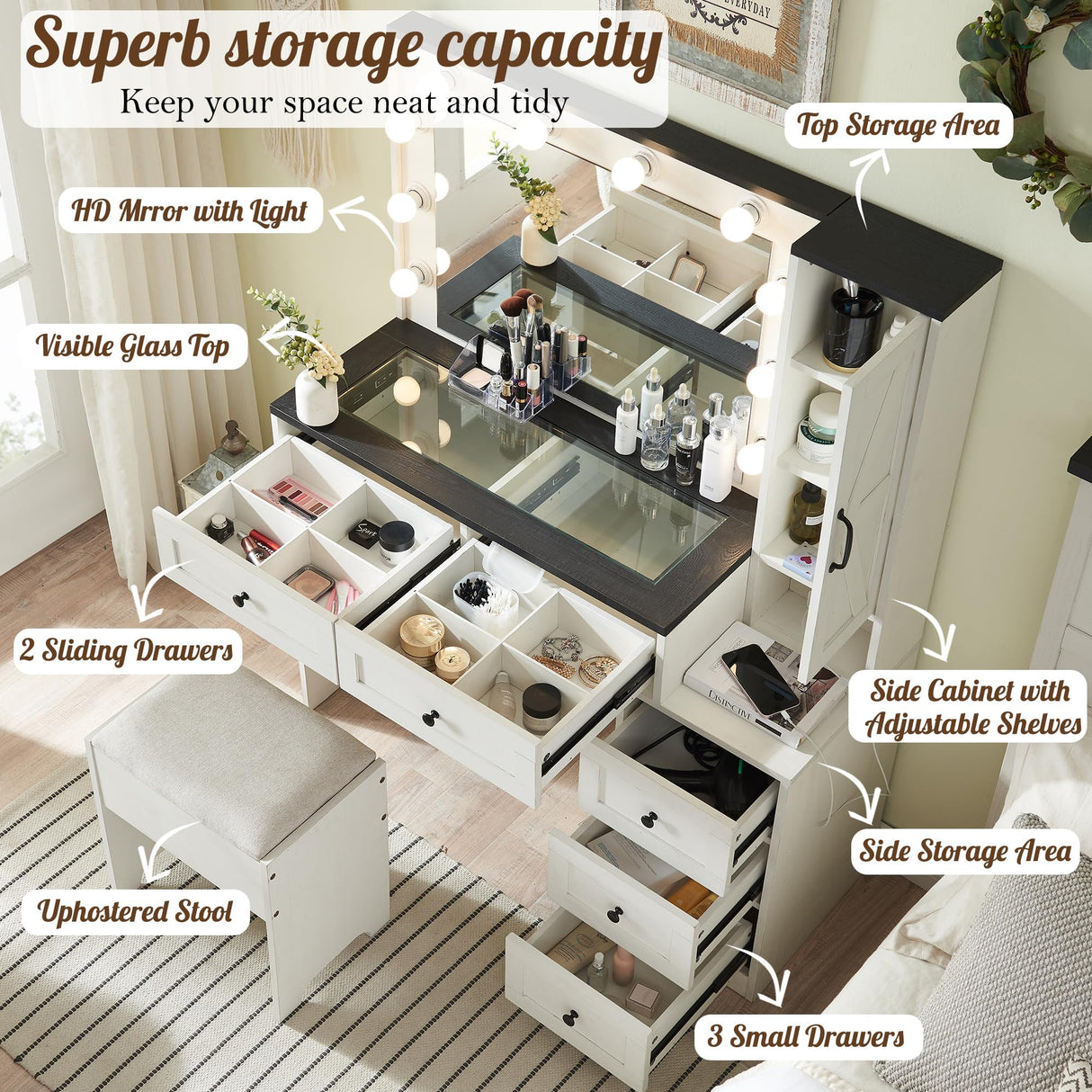 ACCOHOHO Farmhouse Vanity Desk with Mirror and Lights, 43" Wide Makeup Vanity with Glass Tabletop and Charging Station, Modern Vanity Table Set with Storage and Stool for Bedroom, Off White ACCOHOHO