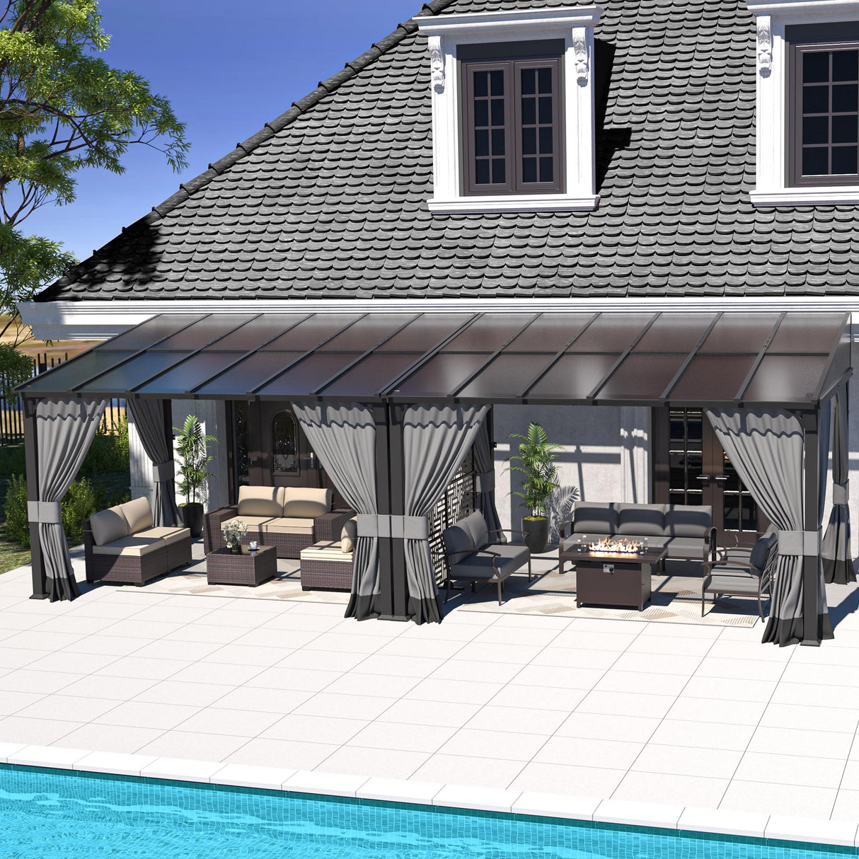 Kurapika 10’ x 24’ Gazebo, Wall Mount Gazebo Outdoor Pergola, Hardtop Lean to Gazebo Canopy Awnings with Sloped Roof and Sturdy Steel Frame, for Patio, Porch, Deck, Backyard(Grey) Kurapika