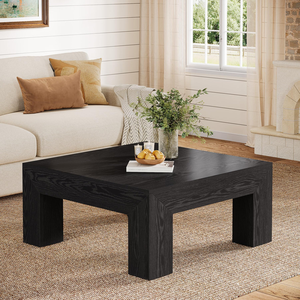 Tribesigns Farmhouse Square Coffee Table for Living Room, 39.37-Inch Low Large Center Tea Accent Table with Sturdy Legs, Easy Assembly (Black) Tribesigns