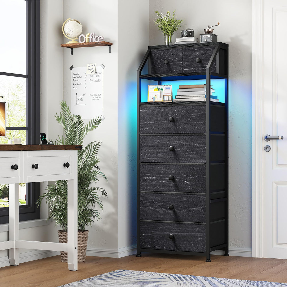 51.2" H Dresser for Bedroom with LED Lights, Night Stand with 7 Drawers, Dressers & Chests of Drawers with Open Wood Shelf, Metal Frame, Bedside Table with Fabric Storage Bins, Black EnHomee