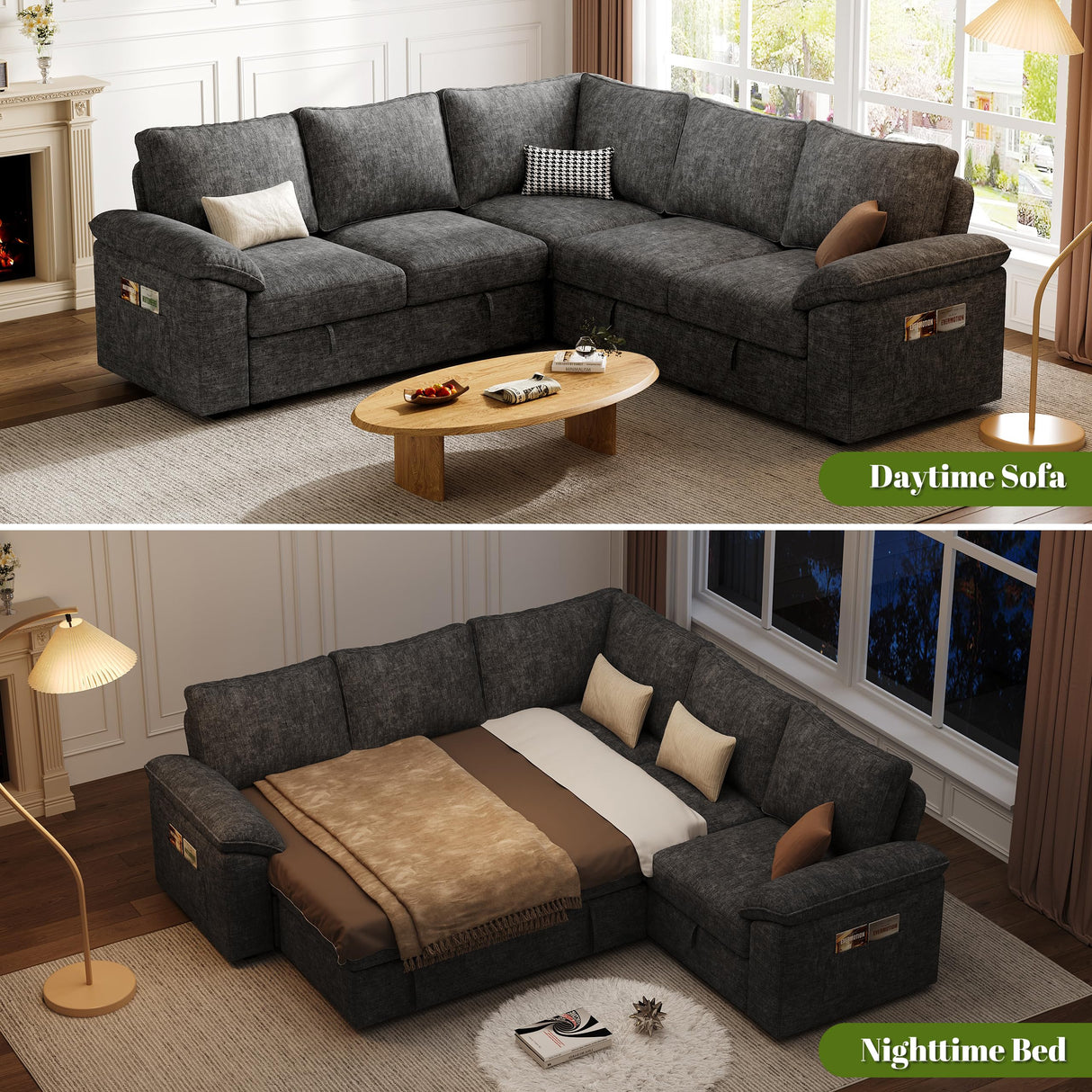 SUAWY 85 Inch Modular Sectional Sofa with Pull Out Bed,L Shaped 5 Seat Sectional Sleeper Sofa with Storage,Sectional Couches for Living Room,Cloud Modular Couch,Removable Sofa Cover,Dark Grey SUAWY