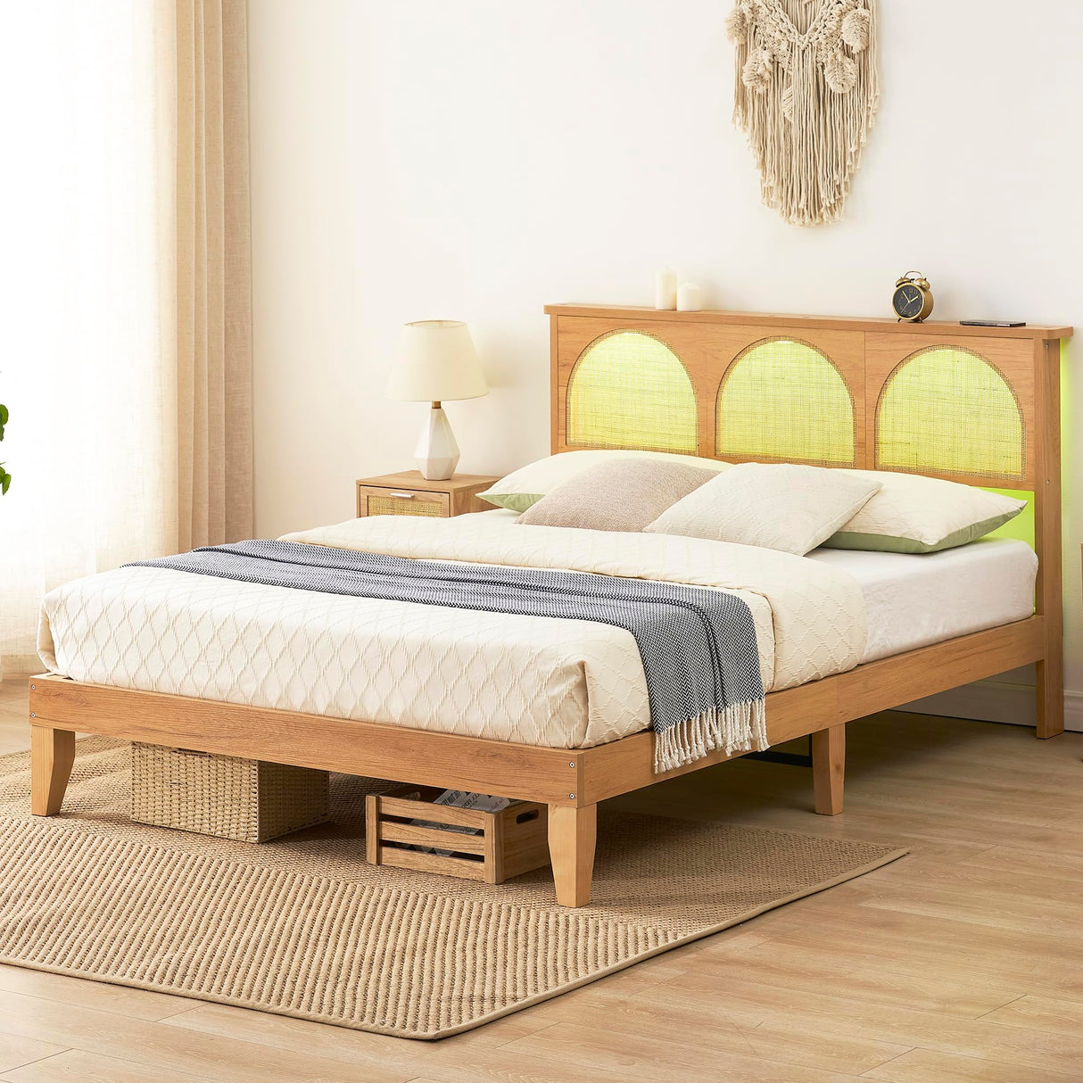 GAOMON Modern Rattan Platform Bed Frame with LED Lights and Under-Bed Storage GAOMON