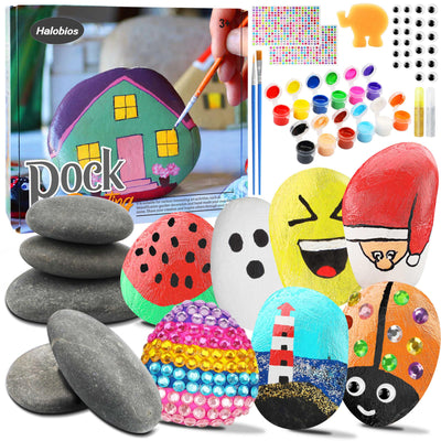 Halobios Rock Painting Kit, 55Pcs Rock Painting Supplies, Craft Kits with 12 Rocks, Painting Rocks for Adults, Arts and Crafts for Kids Ages 6-12, Art Supplies for Birthday Children's Day Gifts