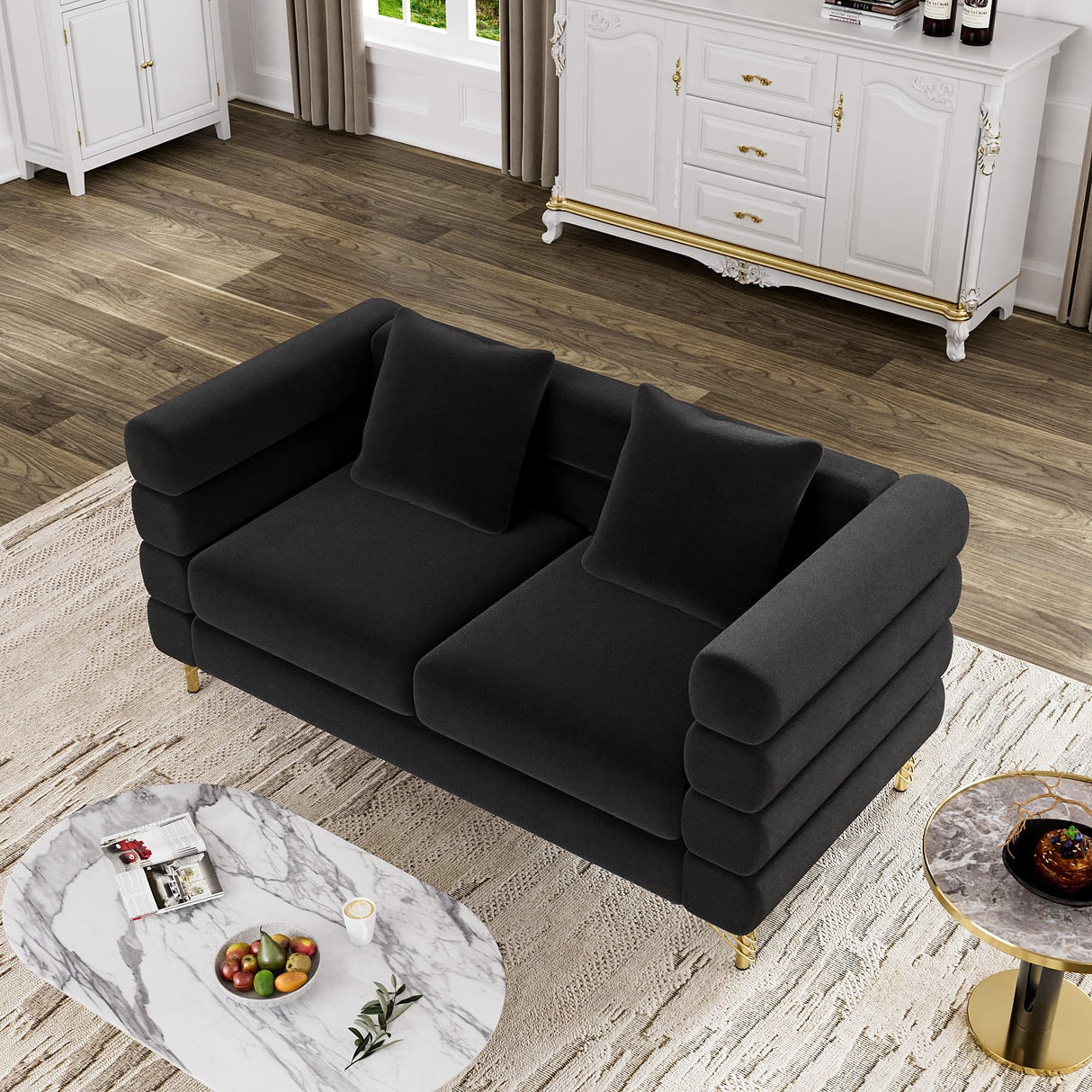 OUYESSIR Cloud Sofa Couch for Living Room, 59" Comfy Deep Seat Velvet Loveseat Sofa with 2 Pillows and Gold Legs, Modern Upholstered 2 Seater Love Seat for Bedroom Office, Dark Black Velvet OUYESSIR