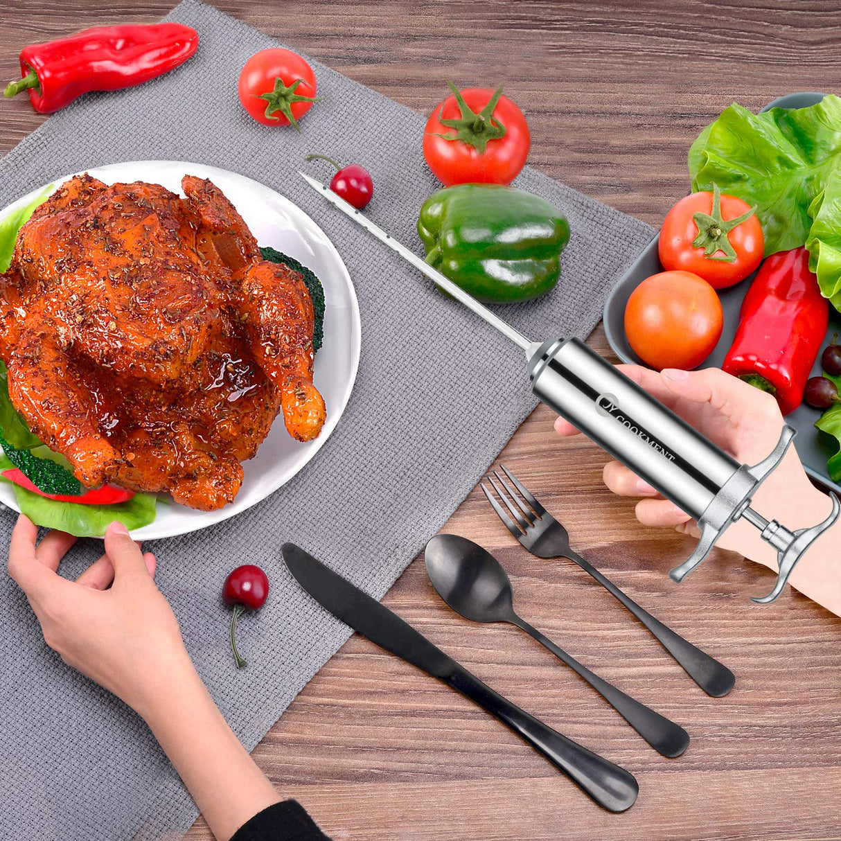 JY COOKMENT Meat Injector Syringe 2-oz Marinade Flavor Barrel 304 Stainless Steel with 3 Professional Needles 2 Cleaning Brushes and 4 Silicone O-Rings JY COOKMENT