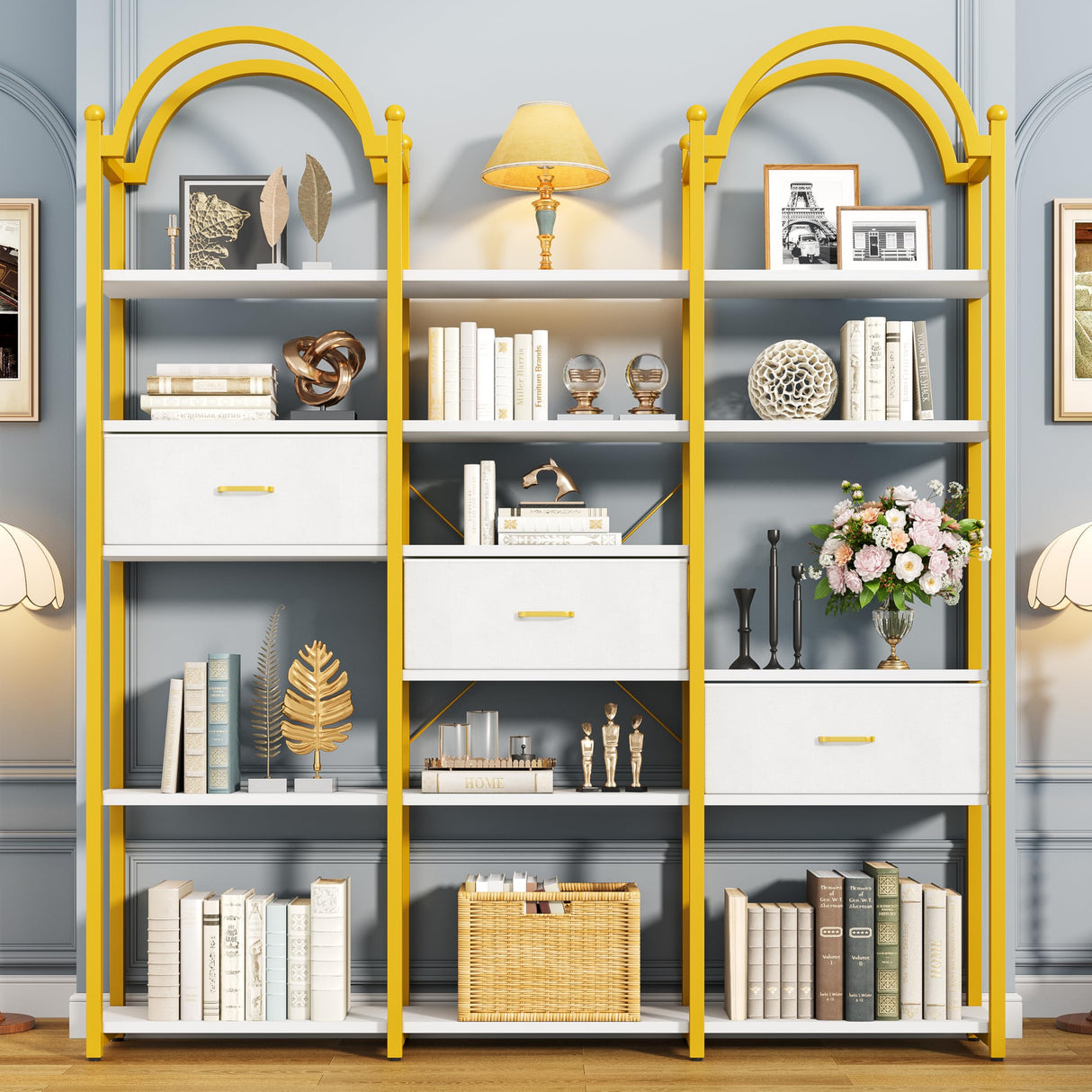 Nosepen 83.5" Tall Arched Bookshelf with 3 Drawers and 13 Storage Shelves, Industrial Open Book Shelf with Display Shelves, Large Etagere Bookshelf, Triple Wide Book Case for Home & Office, Gold Nosepen
