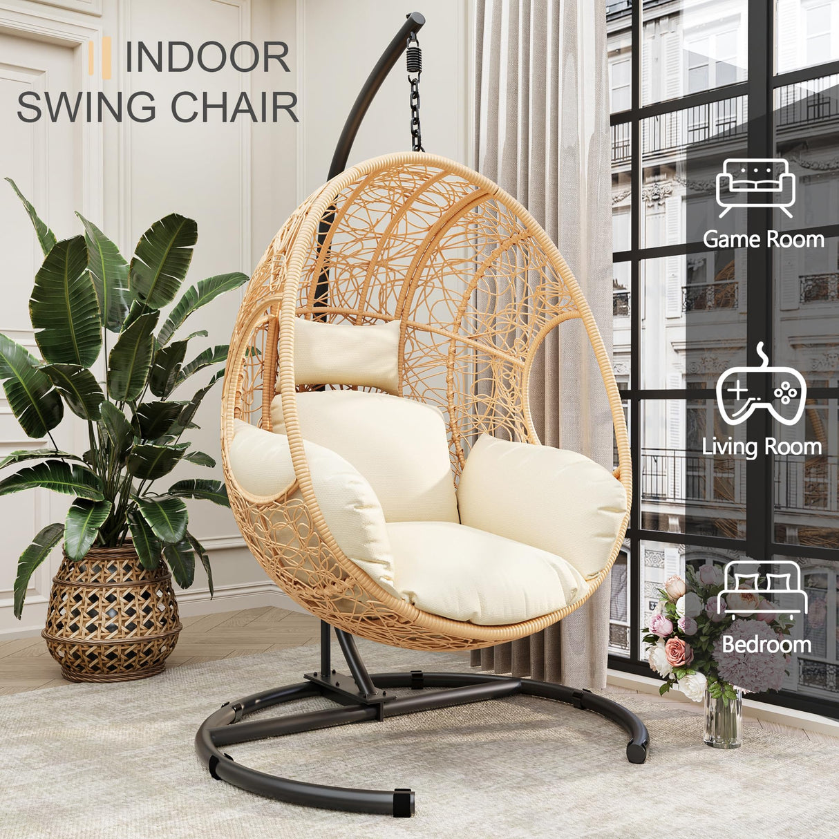 LUTINLIX Oversized Hanging Egg Chair Outdoor Indoor, Wicker Swing Egg Chair with Stand 400lbs Capacity for Bedroom, Patio, Garden and Balcony (Beige-nest, Oversize) LUTINLIX