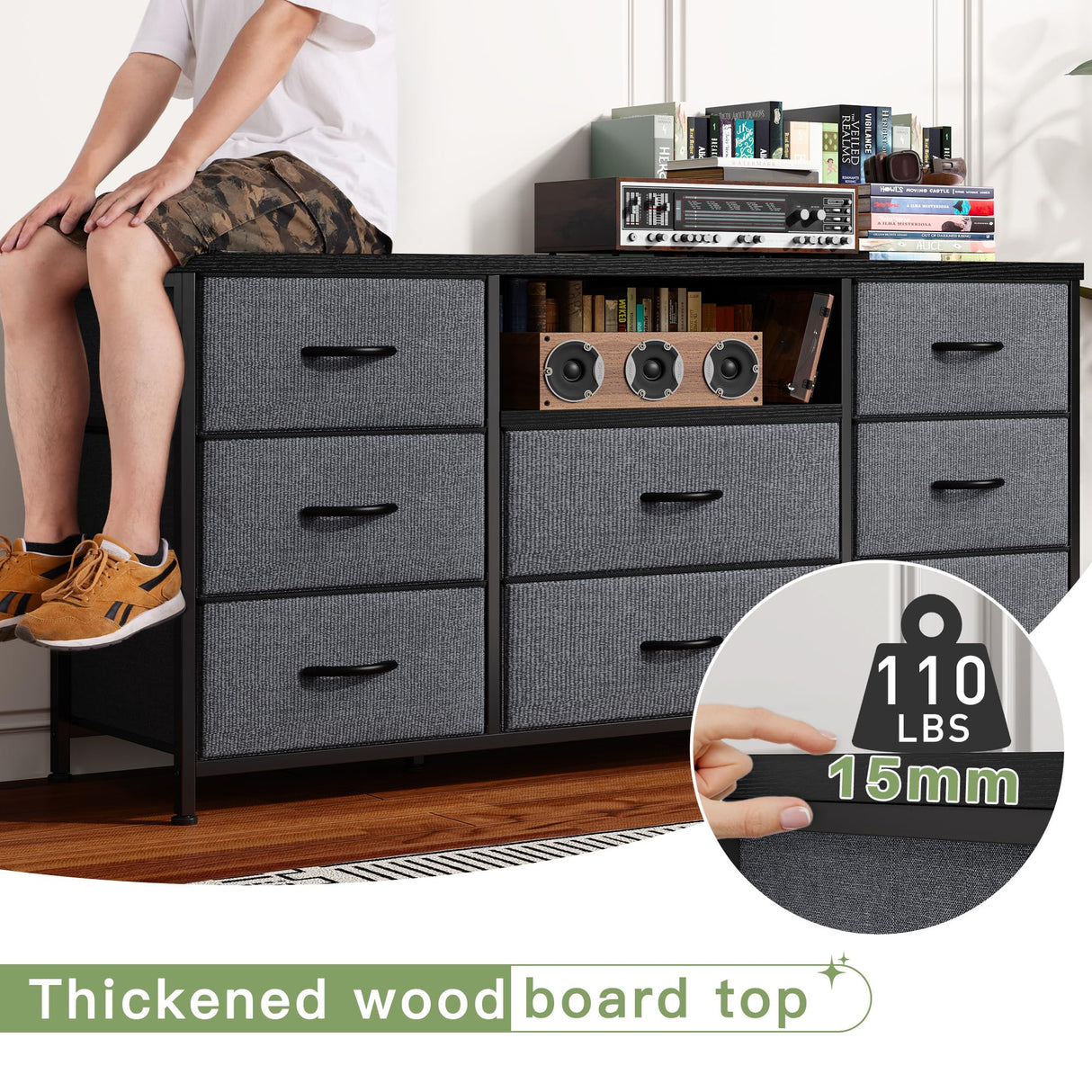 EnHomee Dresser TV Stand with Power Outlet Entertainment Center with 8 Fabric Deep Drawers Media Console Table for 55" TV Wide Storage Drawer Dresser for Bedroom, Living Room, Entryway, Grey EnHomee