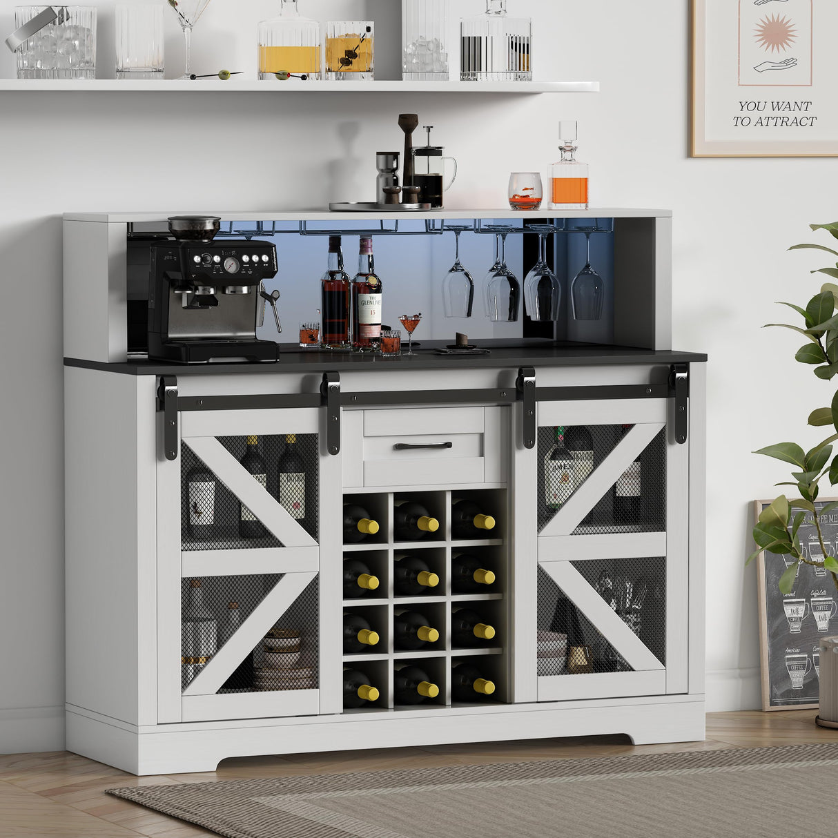 Wine Bar Cabinet with LED Strip, 48" Farmhouse Wine Cabinet with 12 Wine Racks and Power Outlet, Sliding Barn Door, Liquor Cabinet with Adjustable Shelf for Dining, Living Room wanan