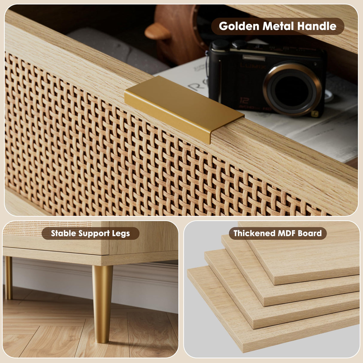 GarveeHome Rattan 9 Drawer Dressers for Bedroom, Tall Dresser with Deep Drawers, Large Chest of Drawers for Closet with Wide Top, Long Wooden Dresser for Living Room, Hallway, Kids Room, Natural GarveeHome