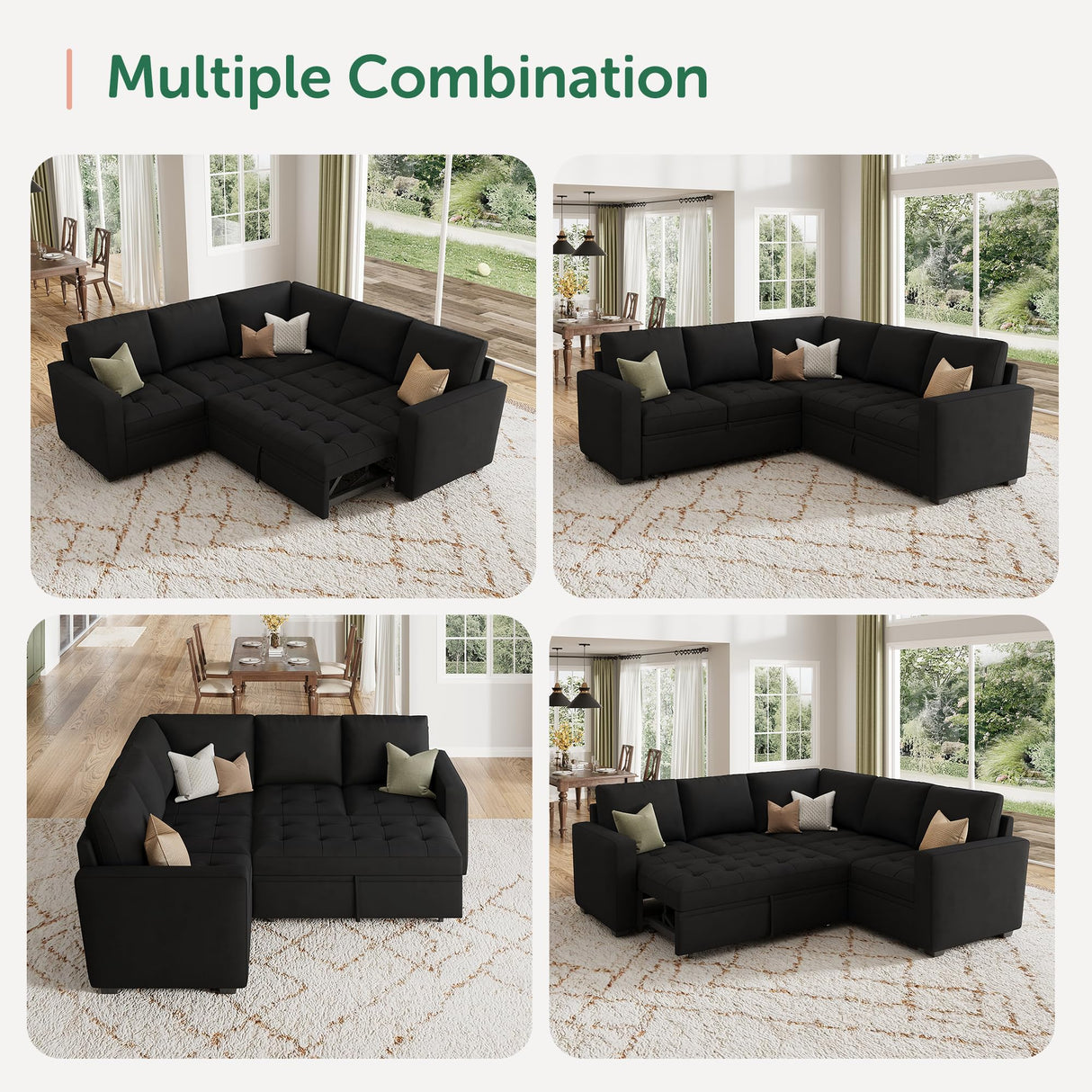 HONBAY Modular Sectional Sleeper Sofa with Pull Out Bed, Velvet Convertible L Shaped Couch with Storage Seat, Sectional Couches for Living Room, Black HONBAY