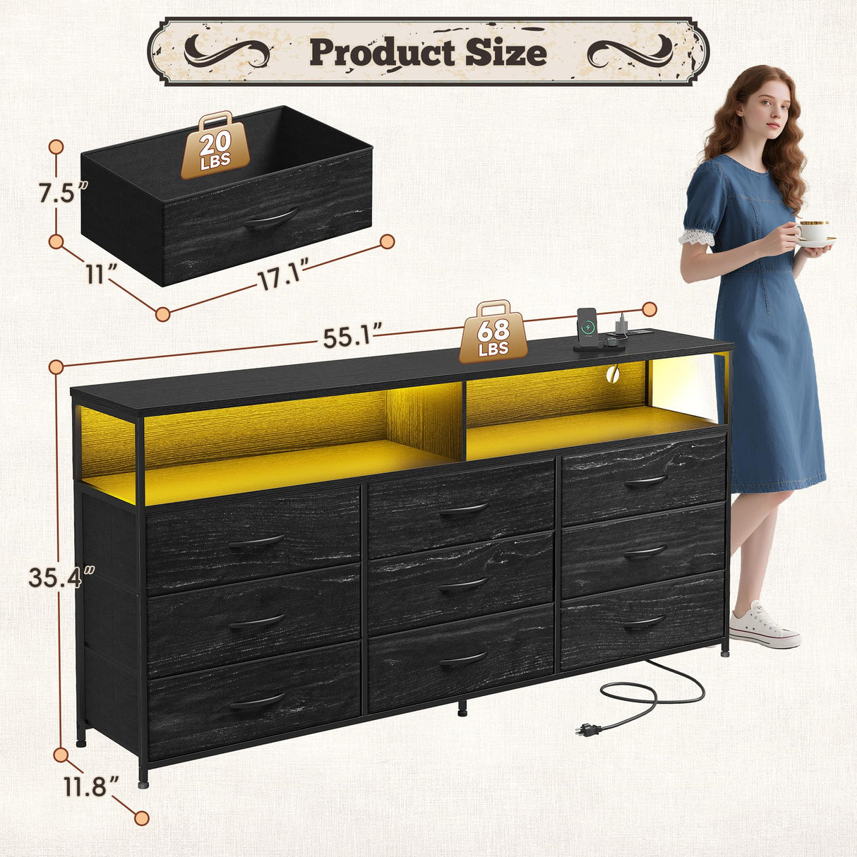 Romorgniz 55" W Dresser for Bedroom with 9 Drawers, LED TV Stand with Power Outlets for 45, 55, 65 Inch TV, Sturdy Long Chest of Drawers with Extra 2 Wooden Shelves, Grain Black Romorgniz