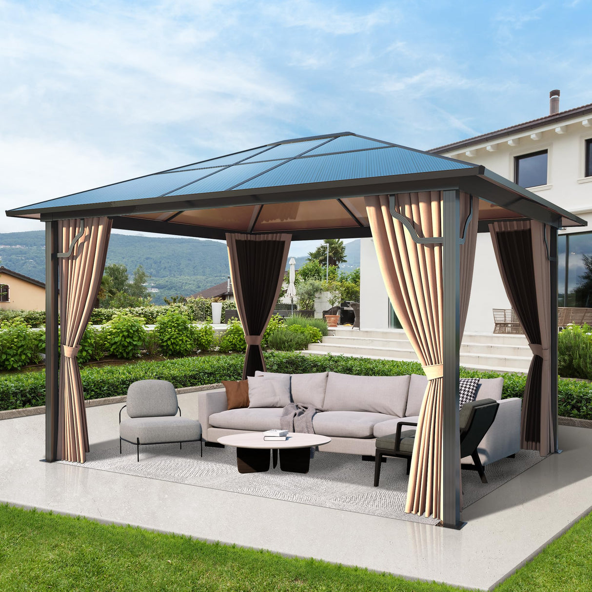 Raysfung 10'x12' Hardtop Gazebo, Outdoor Polycarbonate Roof Gazebo with Aluminum Frame Permanent Pavilion with Netting& Curtains for Garden, Patio,Yard Raysfung