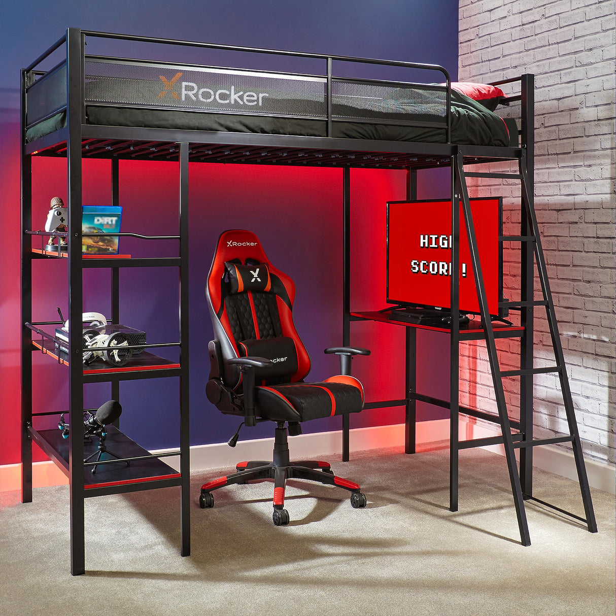 X Rocker Fortress Video Gaming Twin Loft Bed, Durable Black Metal Bed Frame, Built-in Desk and 3 Shelves, 77.64" x 59.17" x 72.05" X Rocker
