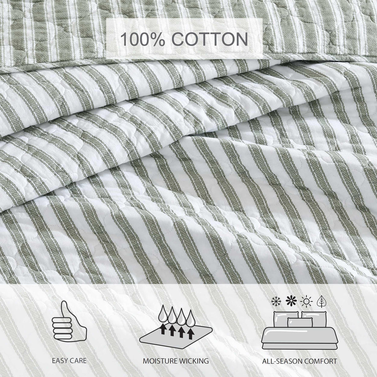 Stone Cottage - Full/Queen Quilt Set, Reversible Cotton Bedding with Matching Shams, Striped Ideal Bedding Set (Willow Way Green, Full/Queen) Stone Cottage