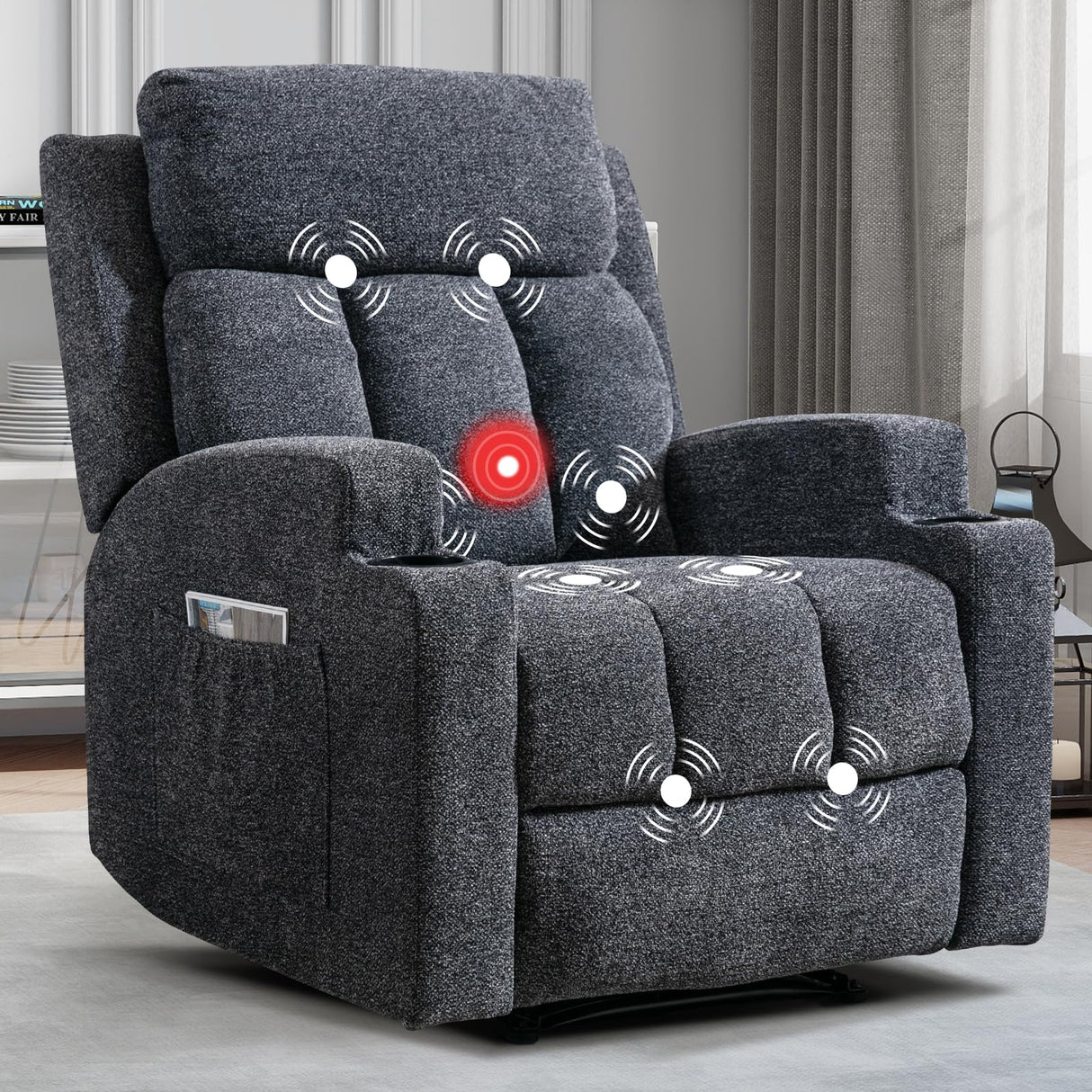 CANMOV Manual Recliner Chair with Massage and Heat,Soft Fabric Recliner Chair with Overstuffed Arm and Back, Manual Reclining Single Sofa with 2 Cup Holders, Side Pocket for Living Room,Dark Grey CANMOV